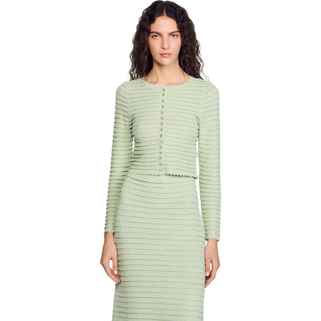 SANDRO Rhinestone cardigan in Almond Green at Nordstrom, Size Medium | Nordstrom