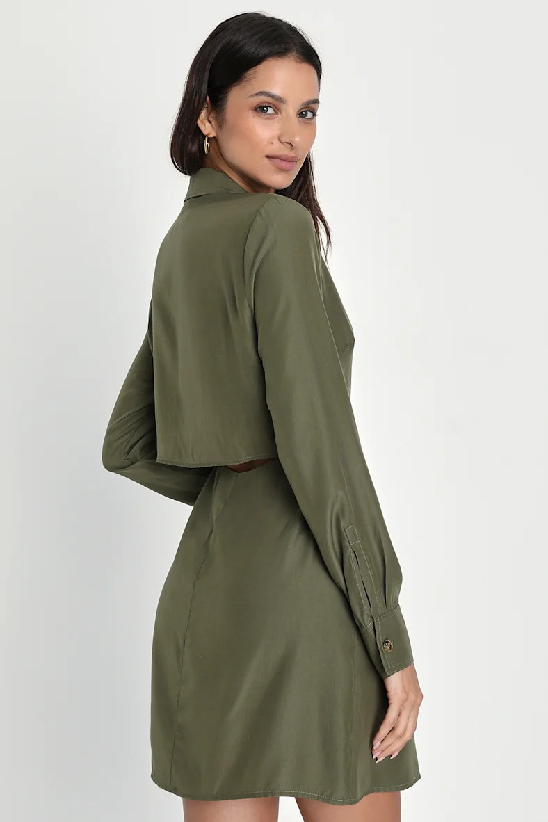Keep Up the Charm Olive Green Button-Up Long Sleeve Mini Dress | Lulus (US)