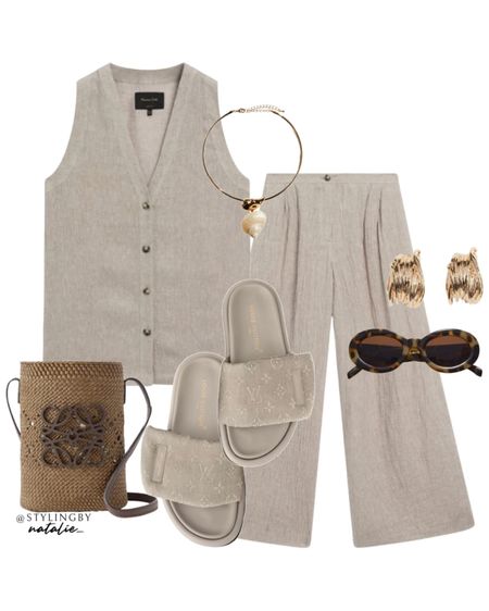 Linen waistcoat and trousers co ord set, Loewe bag, gold jewellery, sandals. Summer holiday outfit, vacation style, beach holiday.

#LTKtravel #LTKstyletip #LTKSeasonal