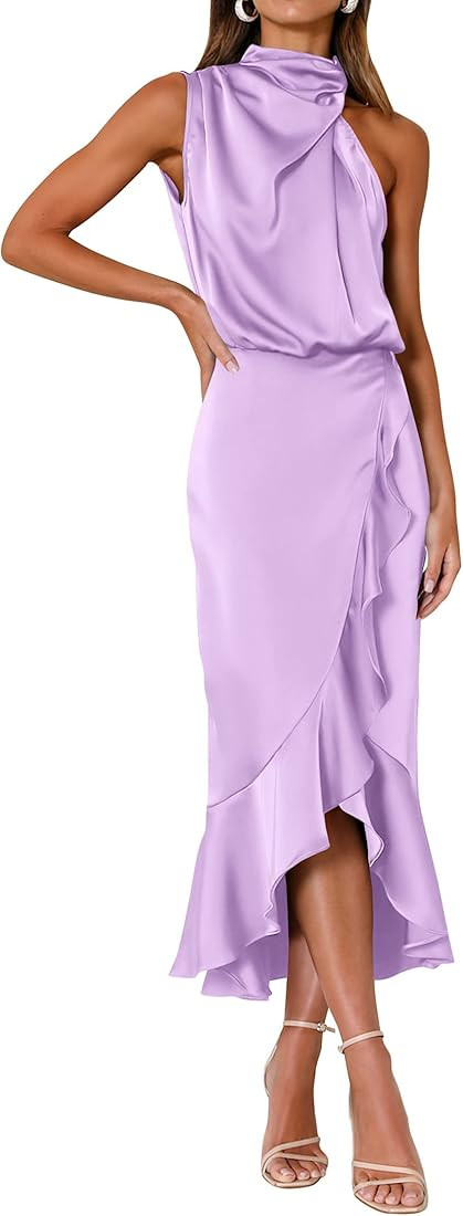 KIRUNDO Womens 2023 Summer Satin Mock Neck Party Cocktail Maxi Dress Sleeveless Wrap Ruffle Merma... | Amazon (US)
