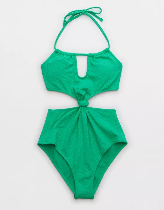 Aerie Jacquard Cut Out Knot One Piece Swimsuit | Aerie