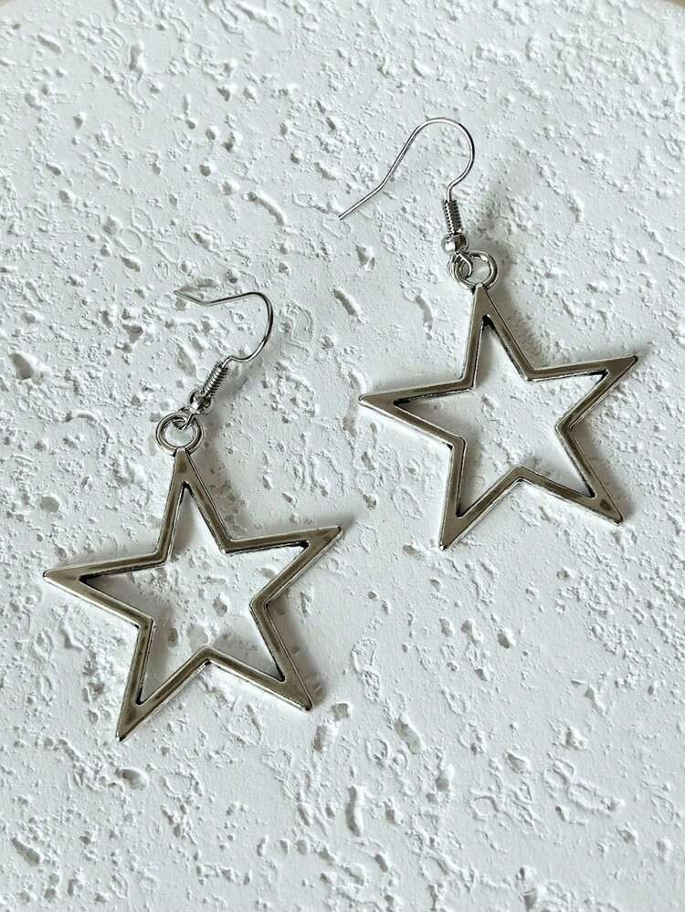 Fashionable Retro Silver Hollow Star Pendant Earrings, Unisex Large Star Earrings | SHEIN