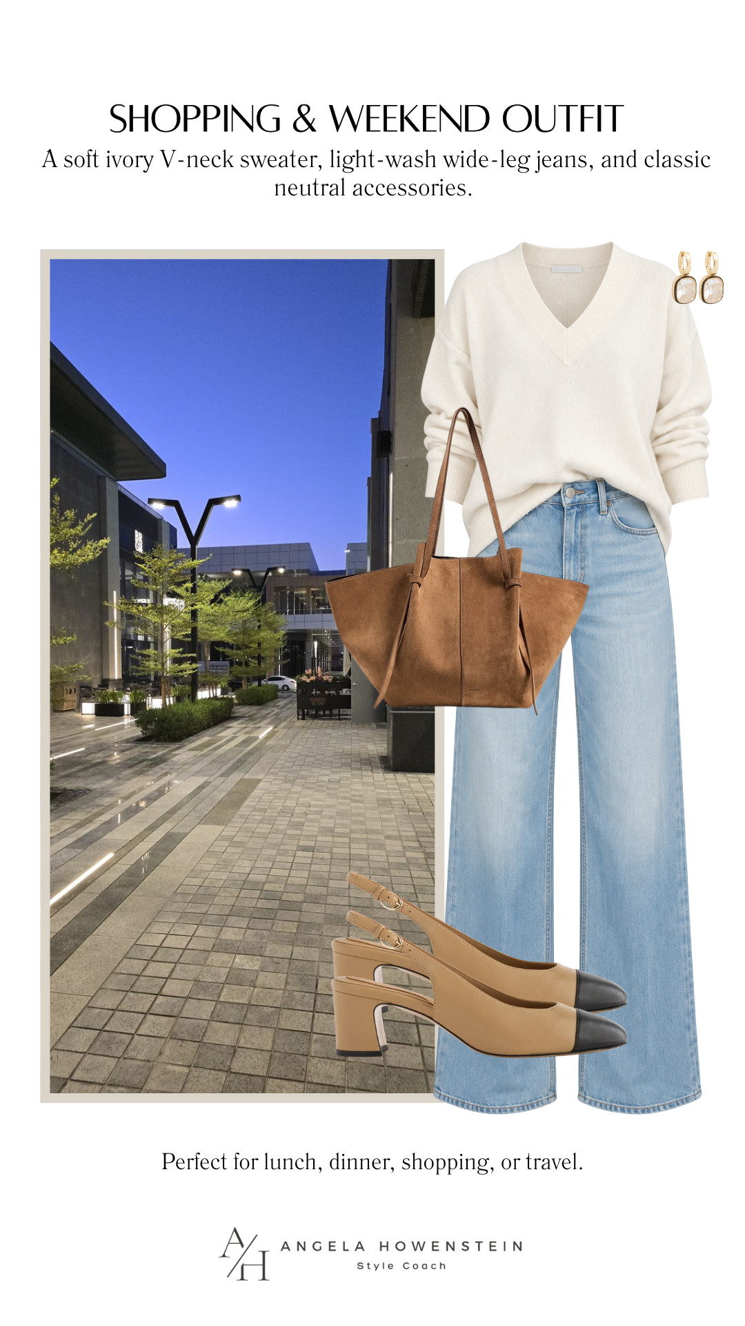 This is one of my favorite outfit formulas for fall, a soft ivory V-neck sweater, light-wash wide-leg jeans, and classic neutral accessories. Add a cognac tote and cap-toe slingbacks for an effortlessly polished look that’s perfect for lunch, dinner, shopping, or travel.

👩‍💻 LTK PRO TIPS
❤️ Heart = Support my posts ;-)
🔖 Save = Get sale & restock alerts for the things you love!
📋 Lists = Keep favorites organized (List ideas: Christmas, Birthdays, and Vacations!)
📲 Share = Send lists and products to a friend (or your daughters like me).
💬 Comment = Ask me anything, and I’ll answer. ;-) 

 #LTKootd #LTKSeasonal #LTKOver40