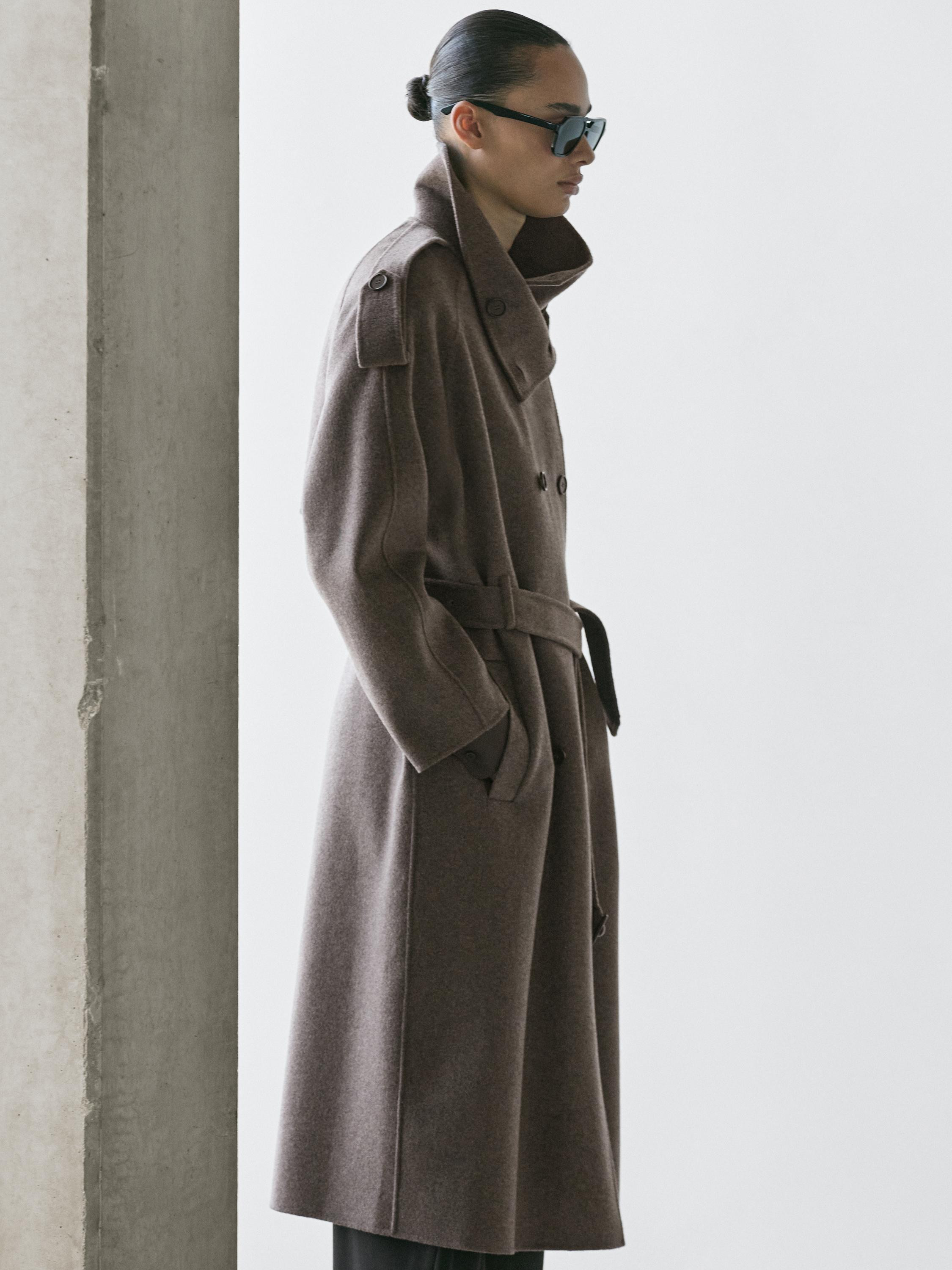 Long wool blend trench coat with belt | Massimo Dutti UK