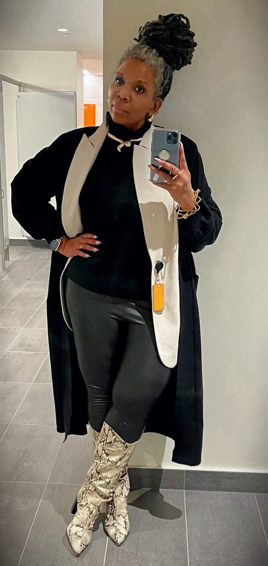 The look for work = Fifty shades of slay! ✨ The ivory tuxedo jacket whispers power, the black turtleneck says "business ain't got nothin' on me," and these faux leather pants? Let's just say they ain't for the faint of heart.  Bottega Veneta whispers secrets in my ear, the snake choker reminds me to shed negativity, and these snakeskin boots? They're slitherin' towards success, one fierce step at a time. #BlackDontCrack #AgelessBeauty #GoldenGoddess #FauxLeatherFire #SnatchedAt50

#LTKfindsunder100 #LTKworkwear #LTKover40