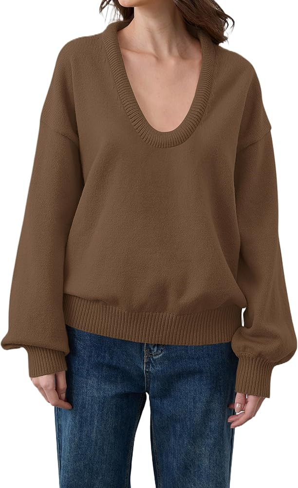 Livtany Women’s Oversized Ribbed Deep V Neck Sweater Long Sleeve Drop Shoulder Pullover Top Cas... | Amazon (US)