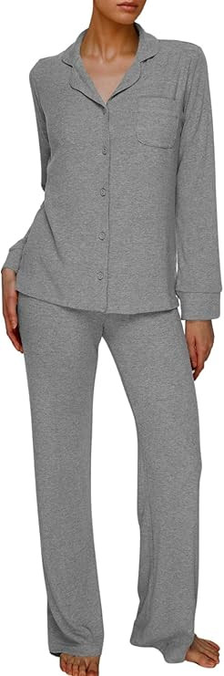 AnotherChill Women's Pajamas Set Long Sleeve Button Down Ribbed Knit 2 Piece Sleep Sets Loungewea... | Amazon (US)