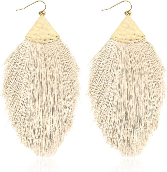 Bohemian Silky Thread Fan Fringe Tassel Statement Earrings - Lightweight Strand Feather Shape Dan... | Amazon (US)