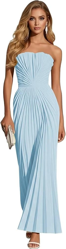 Strapless Pleated Chiffon Bridesmaid Dress Elegant Long Sweetheart Neck Formal Prom Gown for Wedd... | Amazon (US)