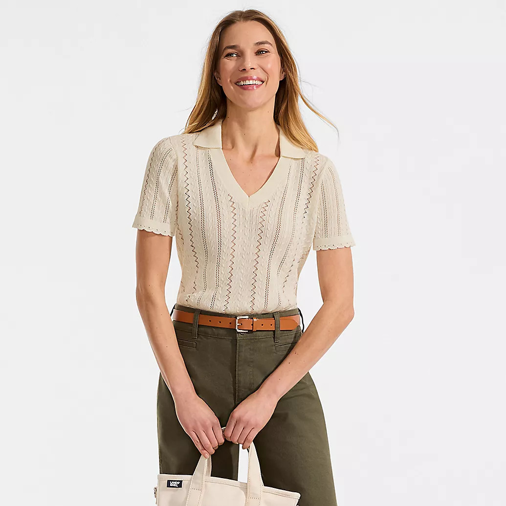 Women's Fine Gauge Cotton Pointelle Polo Sweater | Lands' End (US)
