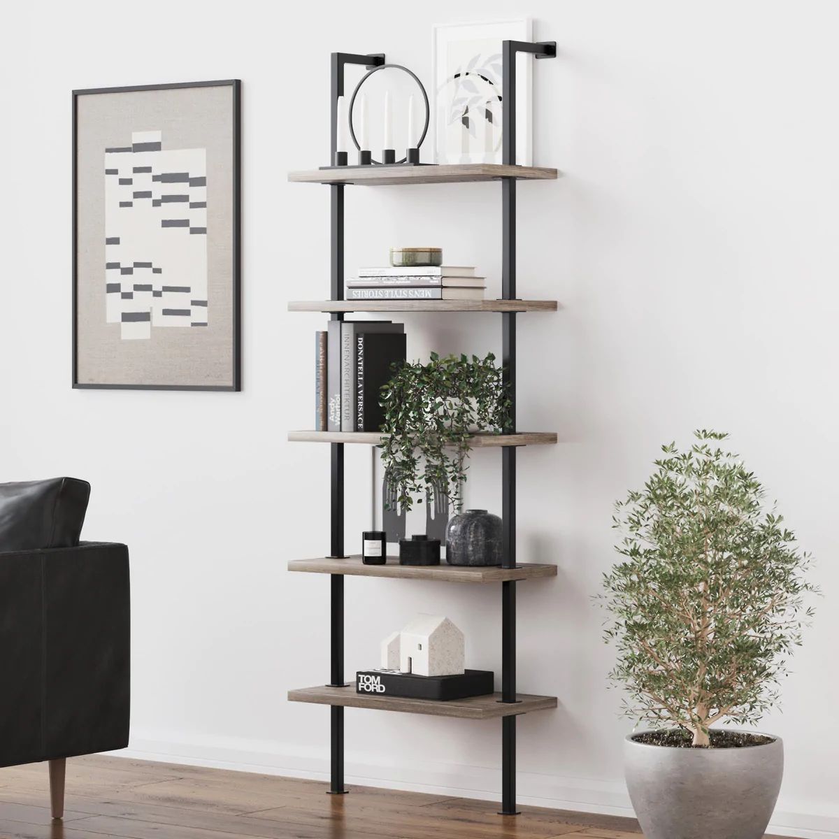 Theo Ladder Bookcase Wood & Metal Industrial Ladder Shelf Bookshelf | Nathan James