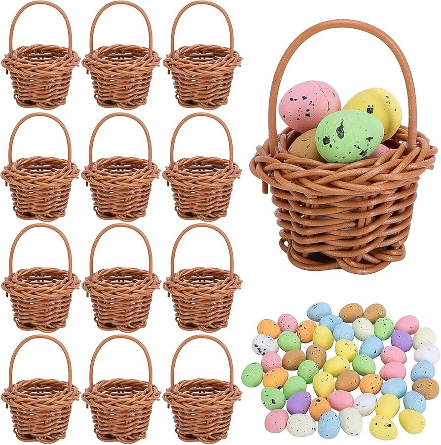 12 Pack Easter Mini Woven Handbasket with 50 Pcs Eggs,Tiny Decorative Picnic Baskets with Handle,... | Amazon (US)