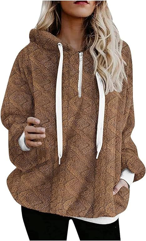 Womens Plush Hooded Sweatshirts Long Sleeve Oversized Hoodies Zip Hood Sweater Fall Winter Pullov... | Amazon (US)