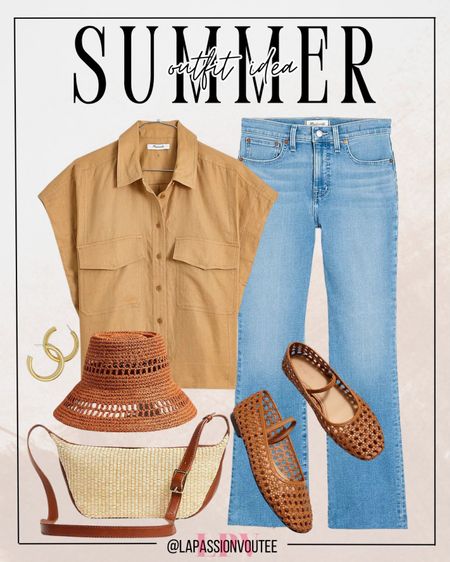Effortlessly chic summer vibes: Pair a sleeveless button-up shirt with classic denim jeans. Add a touch of glamour with hoop earrings, while a crossbody bag keeps you hands-free for adventures. Top it off with a straw hat for a perfect blend of style and sun protection. 

#LTKstyletip #LTKSeasonal