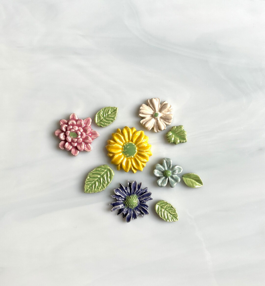 Ceramic Flower and Leaf Tile Set, 10pcs, Bright and Colorful, Variety Flowers and Leaves, Mosaics... | Etsy (US)