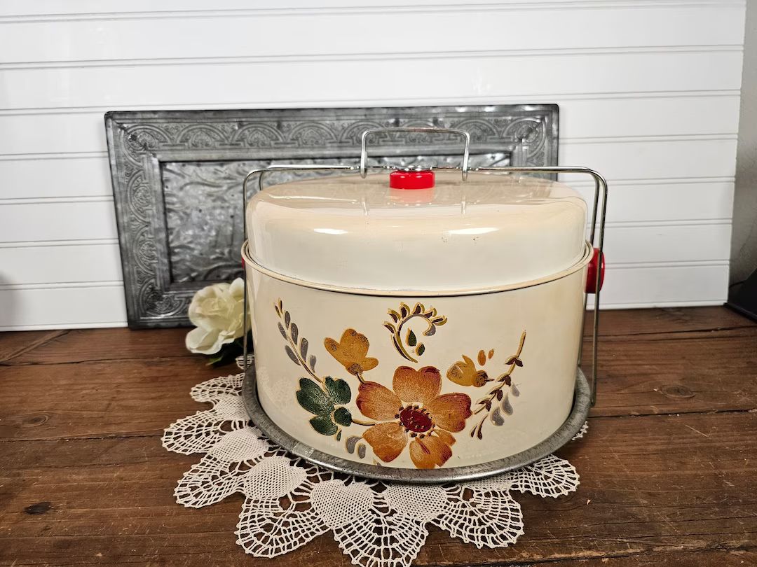 MCM Vintage Enameled Tin Cake Carrier with Floral Design | Etsy (US)