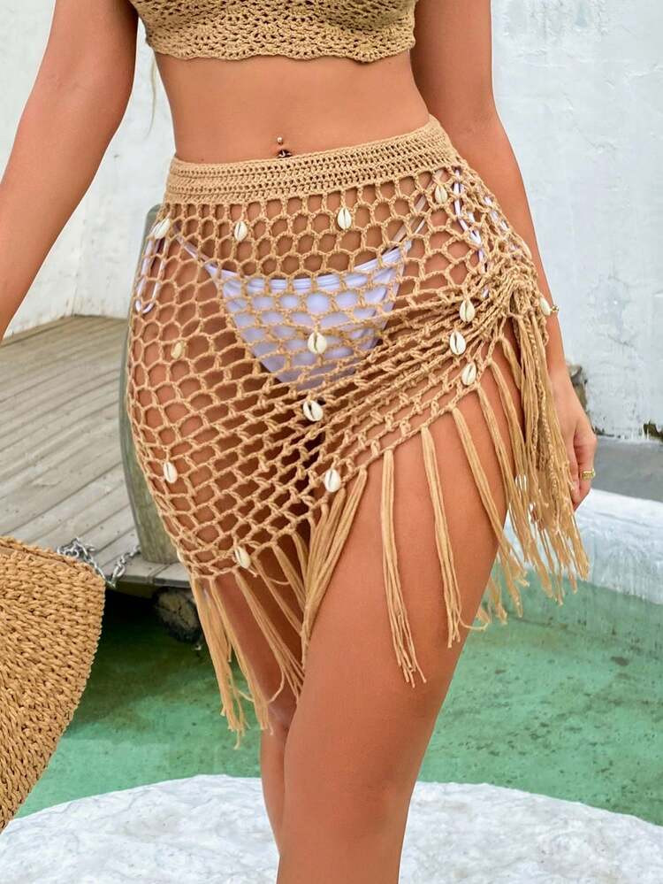 Swim Vcay Women's Vacation Hollow Out Tassel Asymmetric Hem Shell Decor Cover Up & Skirt Set | SHEIN