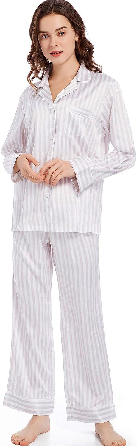Serenedelicacy Women's Silky Satin Pajamas Button Up Long Sleeve PJ Set Sleepwear Loungewear | Amazon (US)