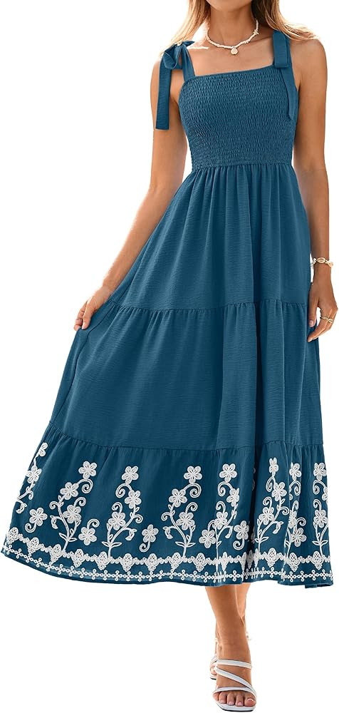 BerryGo Women's Summer Boho Maxi Dress Smocked Spaghetti Strap Embroidery Casual Beach Vacation S... | Amazon (US)