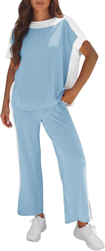Fisoew Womens 2 Piece Lounge Sets Summer Textured Short Sleeve Tops Wide Leg Pants Casual Loose T... | Amazon (US)
