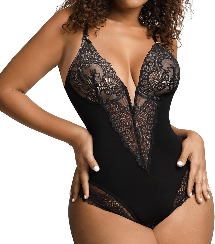 Popilush Lace Shapewear Bodysuit Women Tummy Control Backless Tank Tops V Neck Body Suit Thongs | Amazon (US)