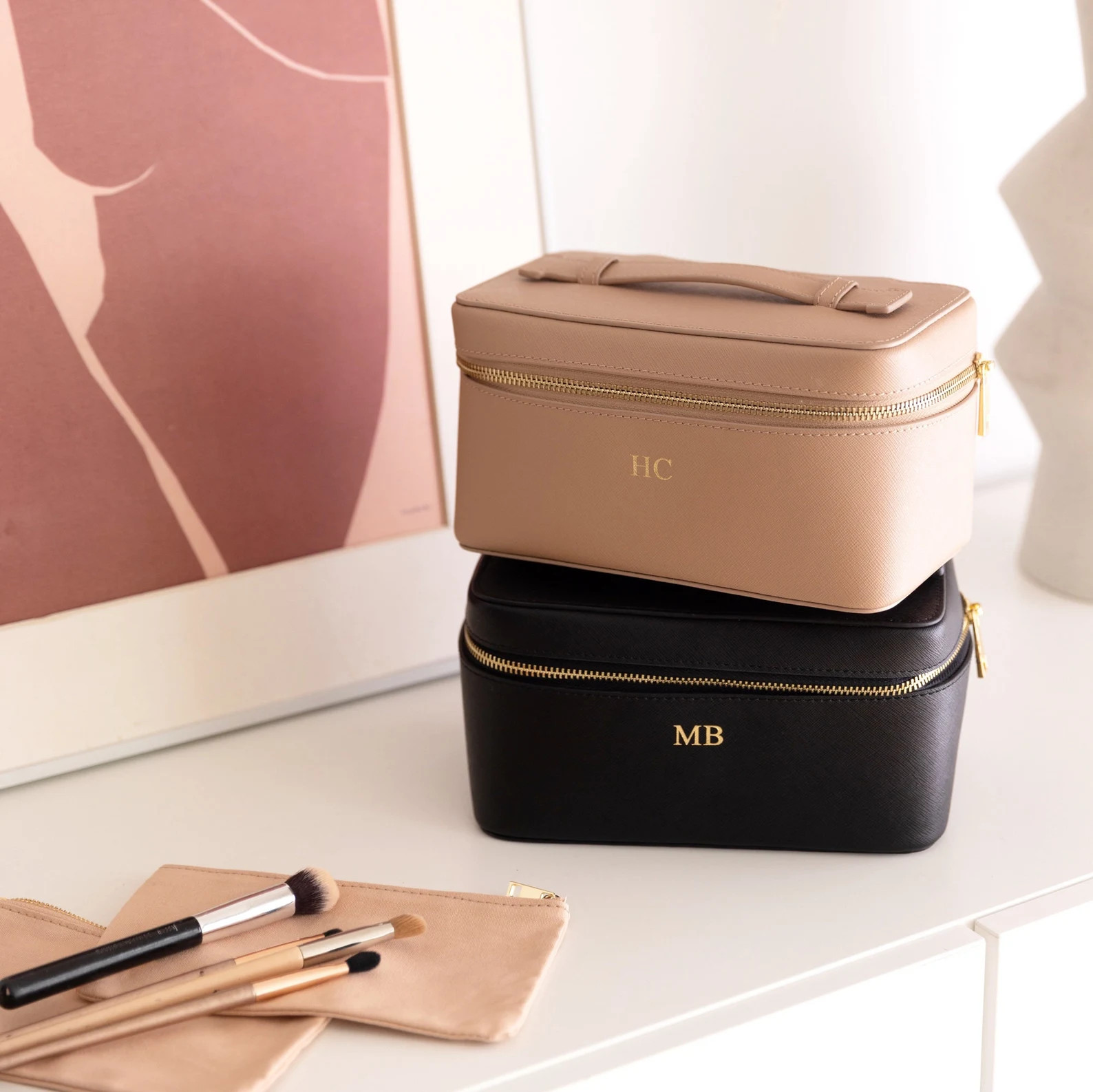 Personalised Black Saffiano Leather Vanity Case, Makeup Bag with monogram, Saffiano Leather cosme... | Etsy (US)