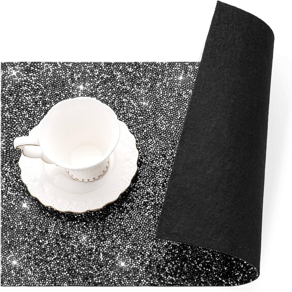 Black Placemat, Sparkle Glitter Rhinestones Table Mat Crushed Diamond Rectangle Table Placemat 12... | Amazon (US)