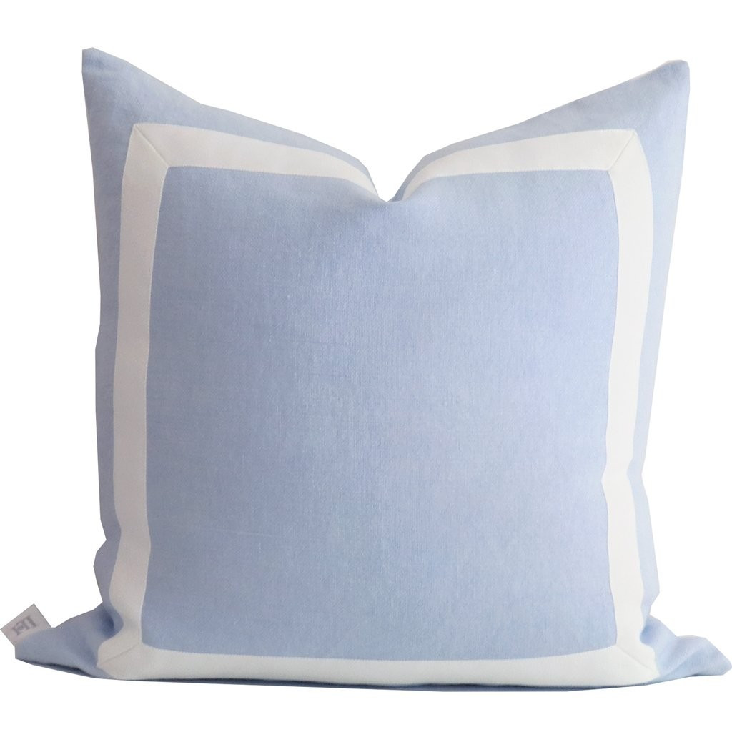 Sky Blue Organic Linen Pillow with White Ribbon Trim | Lo Home by Lauren Haskell Designs
