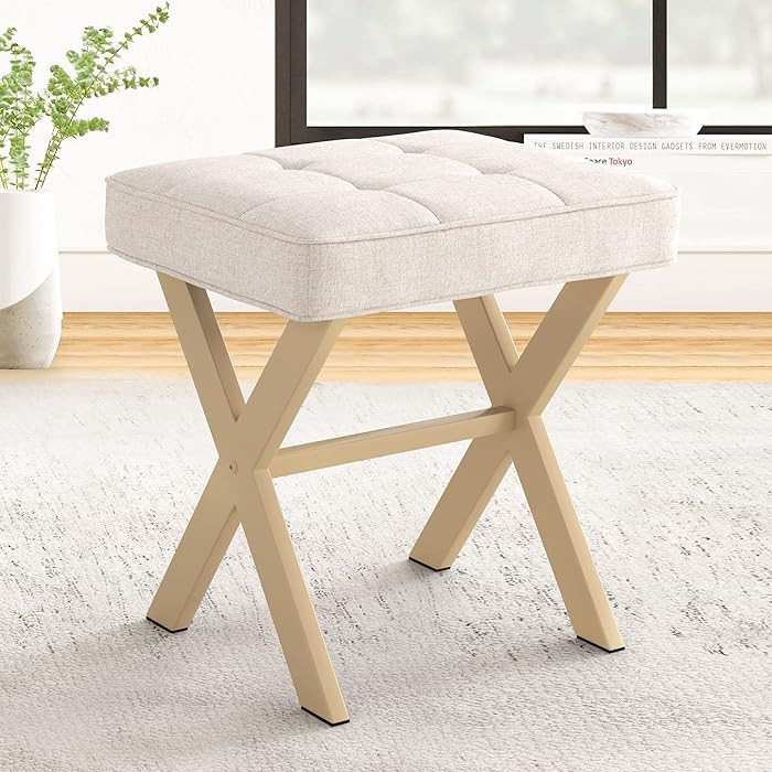 LUE BONA Square Linen Makeup Stool, Metal X Legs, Small Ottoman Stool Chair for Vanity, Modern Pa... | Amazon (US)