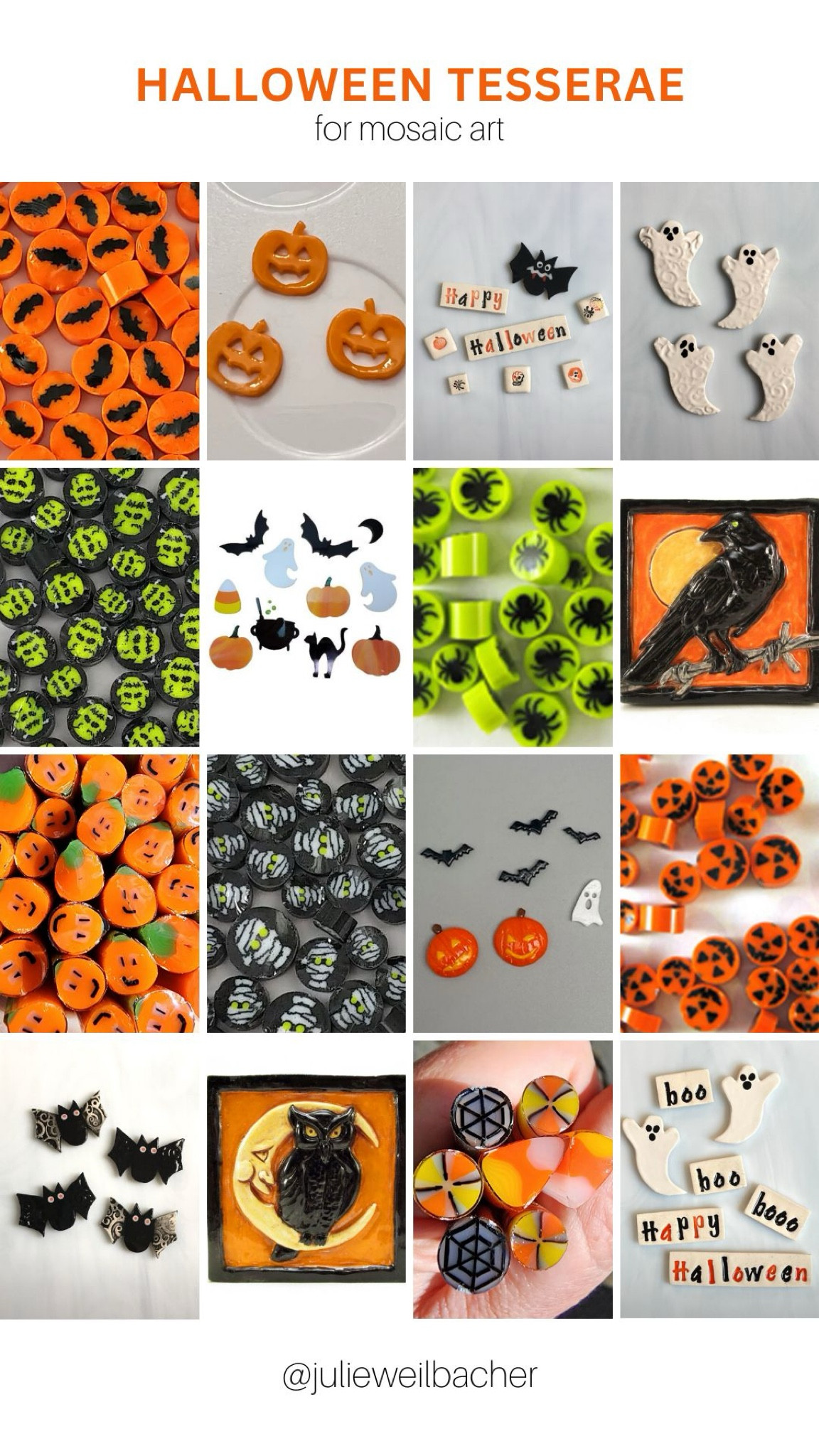Sharing Halloween tesserae for mosaic art. 🎃 All of the usual characters are here such as a Jack o lantern, bat, ghost, Frankenstein, candy corn, witches caldron, black cat, spiders, crow, mummy, owl, and spider web. 👻 This collection includes murrini, fused glass, hand-made ceramics, stained glass shapes, and glass rods. 🕷️ For mosaic tips, tutorials, inspiration, and so much more please visit my YouTube channel: YouTube.com/julieweilbacher. Follow @julieweilbacher on Instagram for all things mosaic art. glass pumpkin - mosaic - ceramic ghost - Halloween art - mosaics - Halloween crafts - mosaic art - Halloween art

#LTKFindsUnder50 #LTKHome #LTKSeasonal