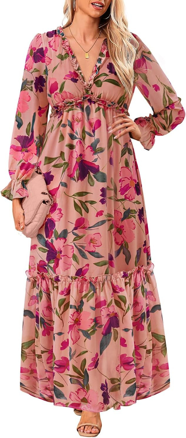 Pinup Fashion Women Long Sleeve Maxi Chiffon Fall Casual Flowy Boho Dress | Amazon (US)