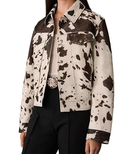 LAPUNIOT Women's Animal Print Denim Jacket Casual Cow Print Jacket Long Sleeve Button Up Motorcycle Cropped Coats (Leather Brown,L) | Amazon (US)