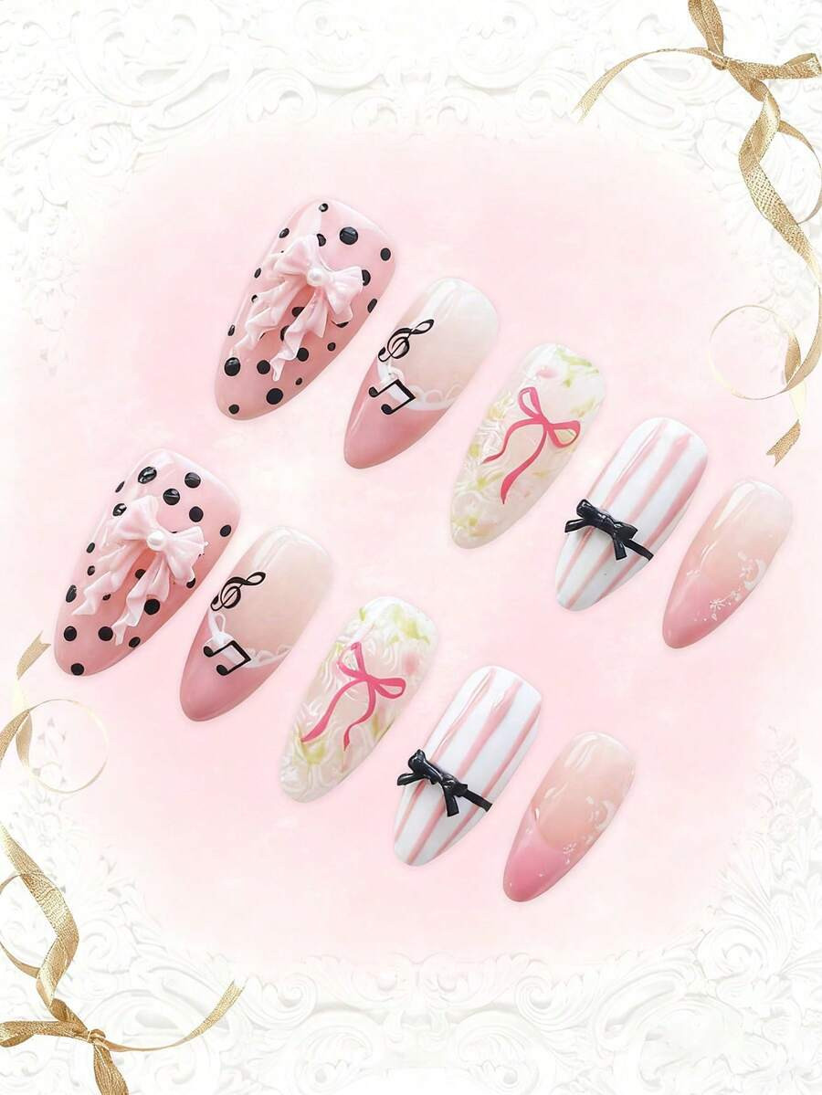ROMWE Anime 10pcs Cute Bowknot Music Note Star Element High Quality Handmade False Nails + 3pcs D... | SHEIN