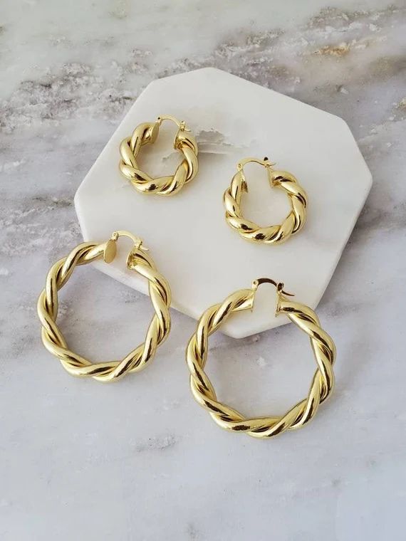 Chunky Thick Gold Filled Chubby Hoops Twisted Croissant Large | Etsy | Etsy (US)