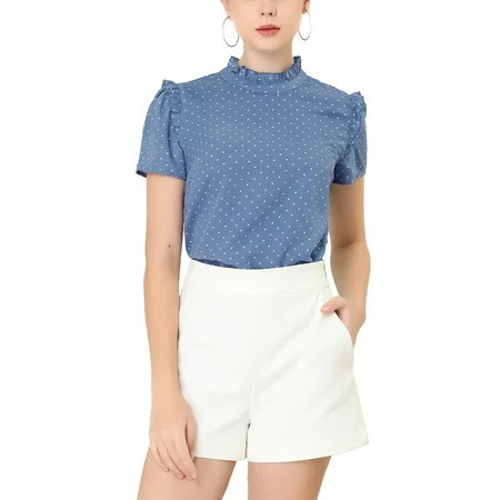 INSPIRE CHIC Women s Ruffle Polkd Dots Round Neck Casual Short Sleeve Blouse Tops S Blue | Walmart (US)