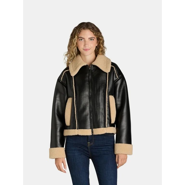 Time and Tru Women's and Women's Plus Bonded Faux Shearling Bomber Jacket, Sizes XS-3X | Walmart (US)