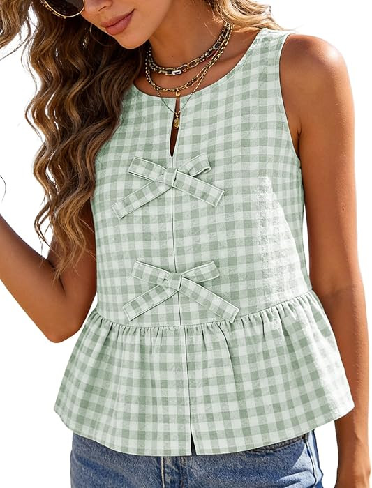 Womens Summer Sleeveless Gingham Tank Tops Bow Knot Round Neck Flowy Ruffled Peplum Hem Cute Shir... | Amazon (US)