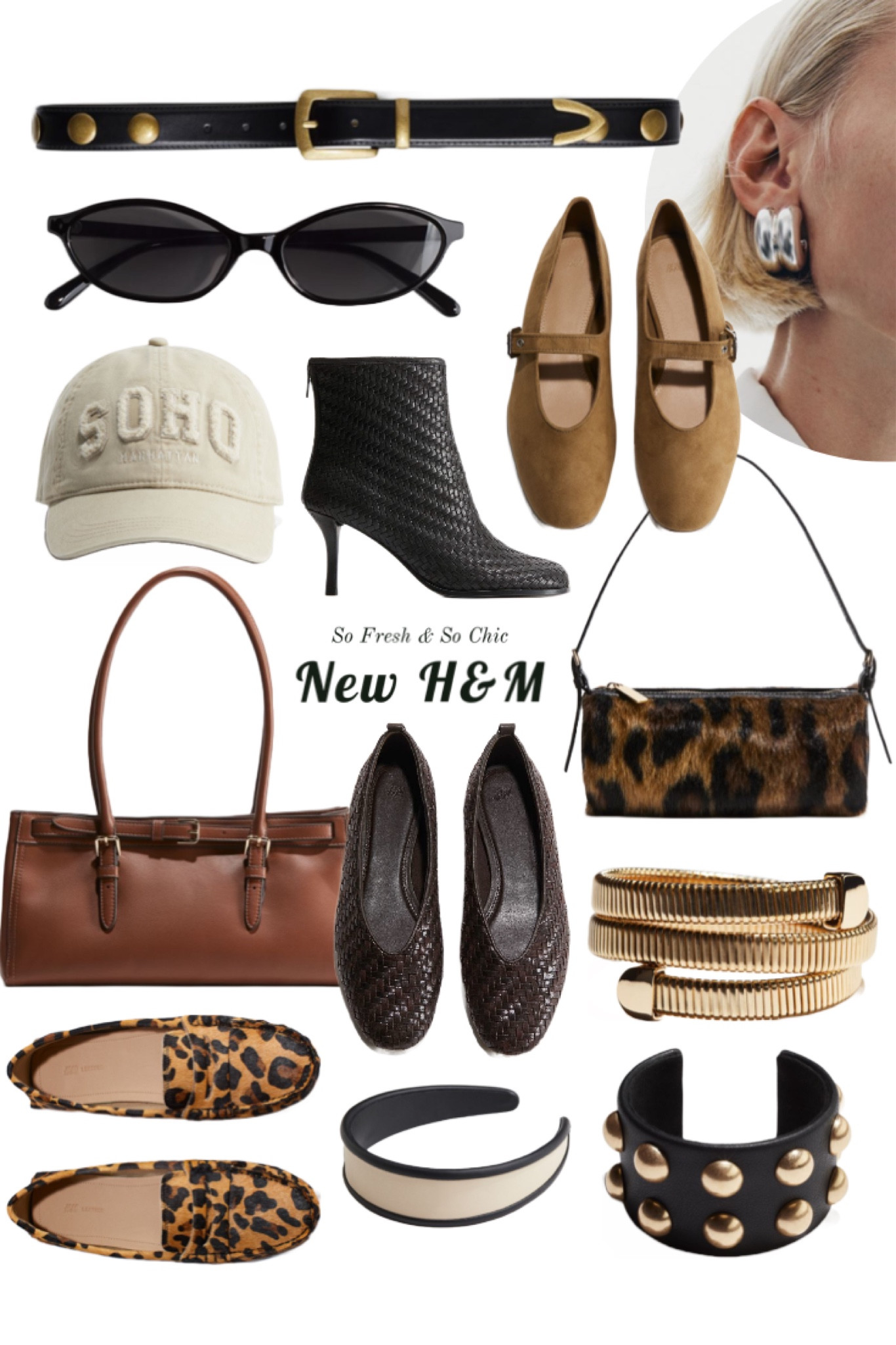 New arrivals at H&M featuring some stunning accessories!
-
Woven ballet flats - woven boots kitten heel - pony hair leopard print loafers - leopard print bag - brown shoulder bag - neutral baseball hat - oval sunglasses affordable - brown suede ballet flats - silver chunky earrings - chunky stuffed cute - gold cuff - black studded belt - neutral headband - affordable accessories - work from home fashion - outfit of the day 

#LTKItBag #LTKFindsUnder50 #LTKShoeCrush #LTKStyleTip