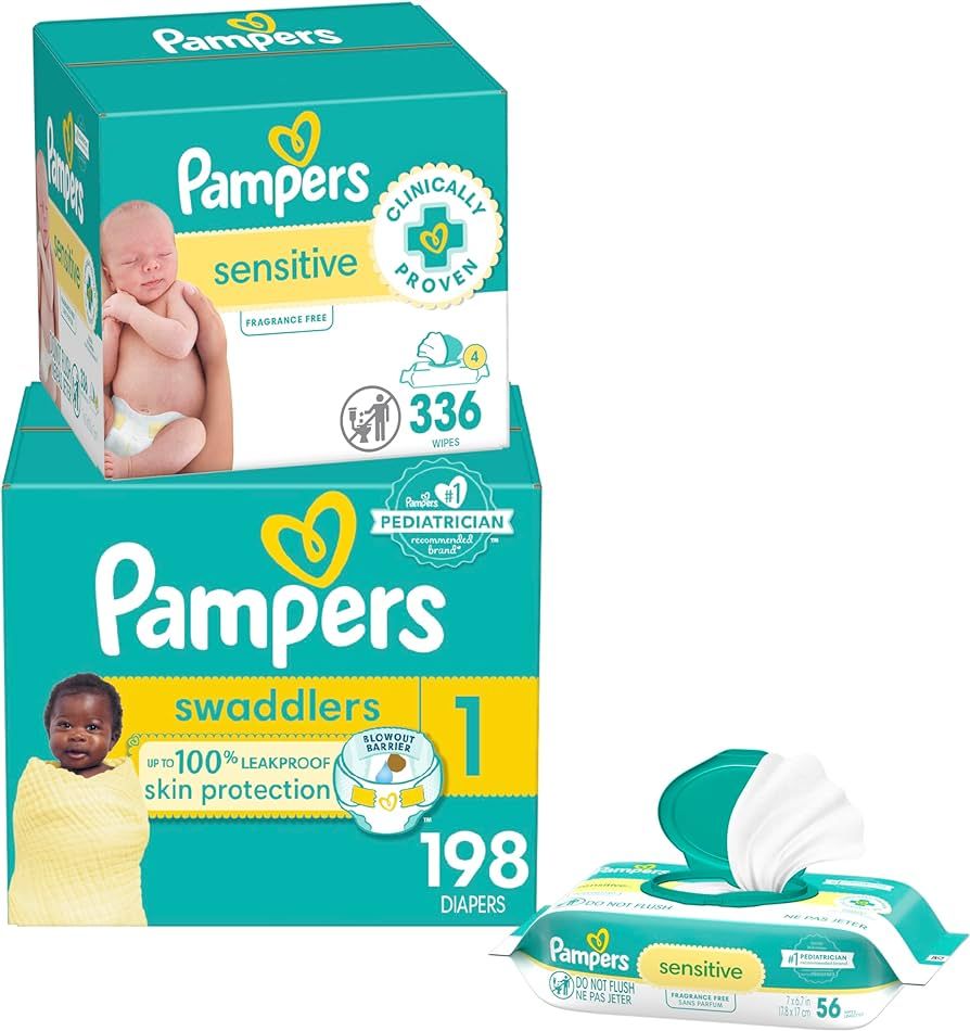 Pampers Swaddlers Disposable Baby Diapers Size 1, One Month Supply (198 Count) with Sensitive Wat... | Amazon (US)