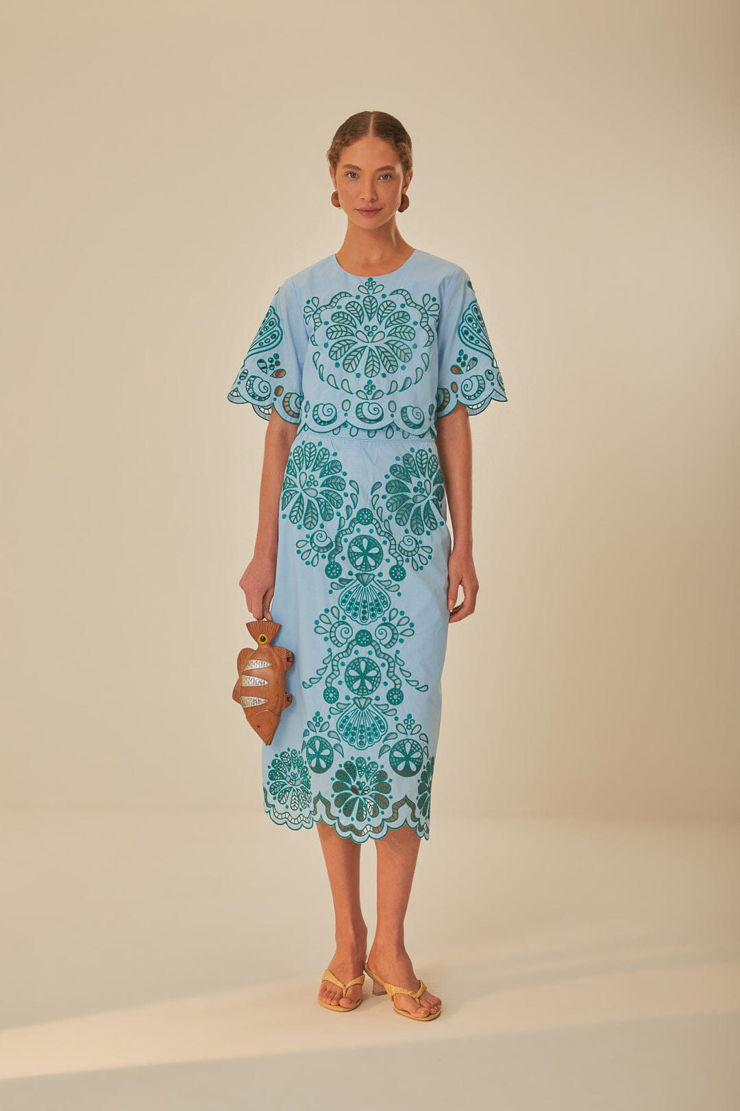 Light Blue And Green Graphic Richelieu Midi Skirt | FarmRio (US)