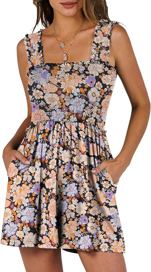 Caracilia Women's Summer Casual Smocked Rompers Square Neck Sleeveless Loose Shorts Jumpsuit 2026... | Amazon (US)