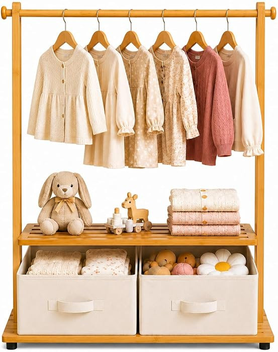 Kids Clothing Rack with 2 Storage Bins, Bamboo Toddler Dress Up Rack with Adjustable Rods & Botto... | Amazon (US)