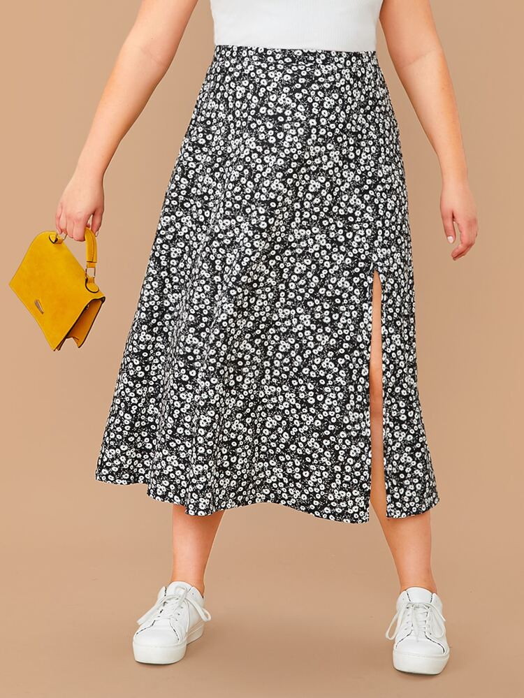 SHEIN Plus Split Thigh Ditsy Floral Print Skirt | SHEIN