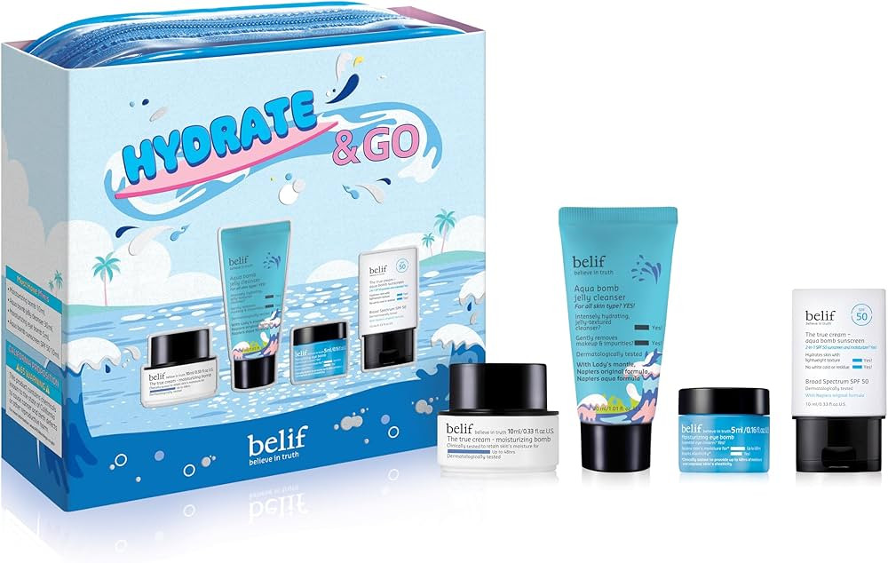belif Hydrate & Go Kit, Korean Skincare Set with Face Cleanser, Moisturizer, Eye Cream & Sunscree... | Amazon (US)