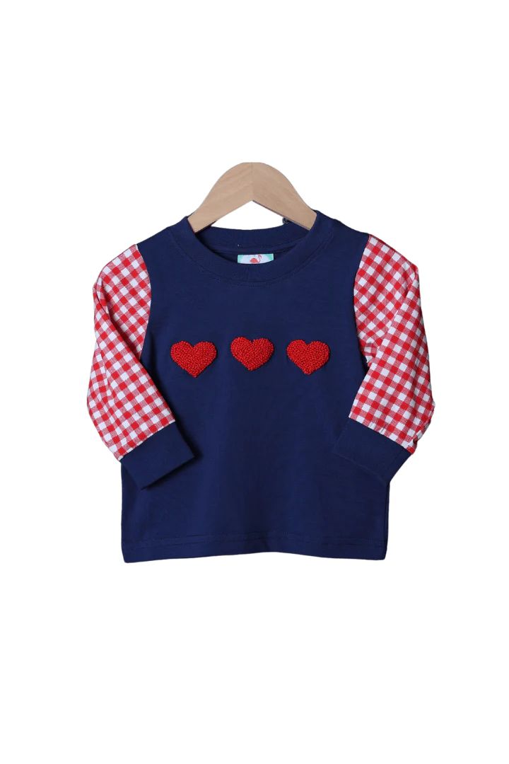 Red French Knot Heart Navy Gingham Shirt | The Smocked Flamingo