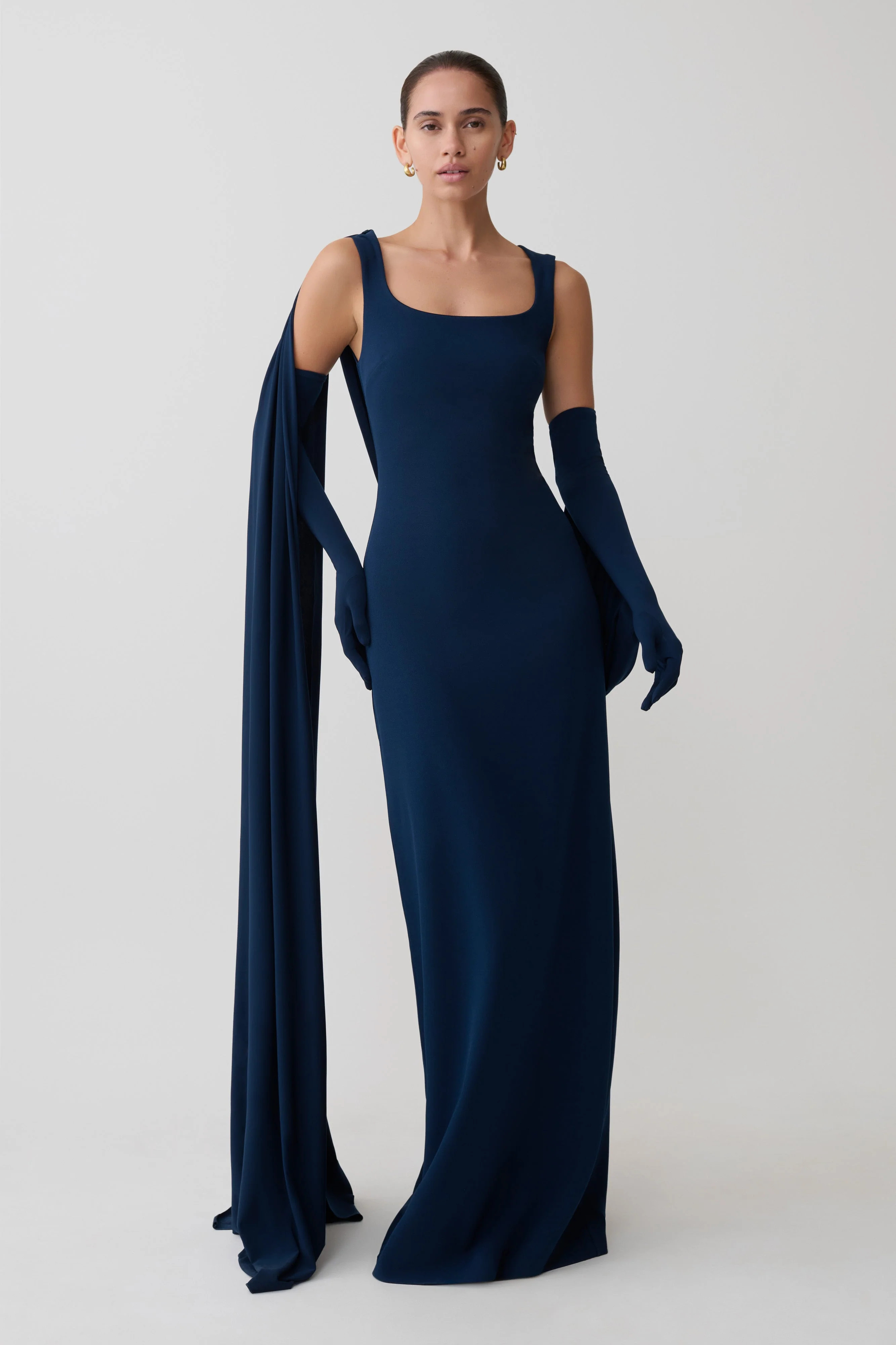 Rhea Detachable Cape Jersey Maxi Dress - Navy | MESHKI US