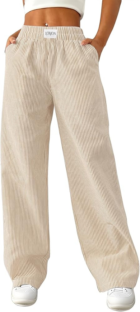 LOMON Women's Striped Gingham Boxer Pants Cotton Pajama Lounge Pj Casual Plaid Trousers Y2K Beach... | Amazon (US)