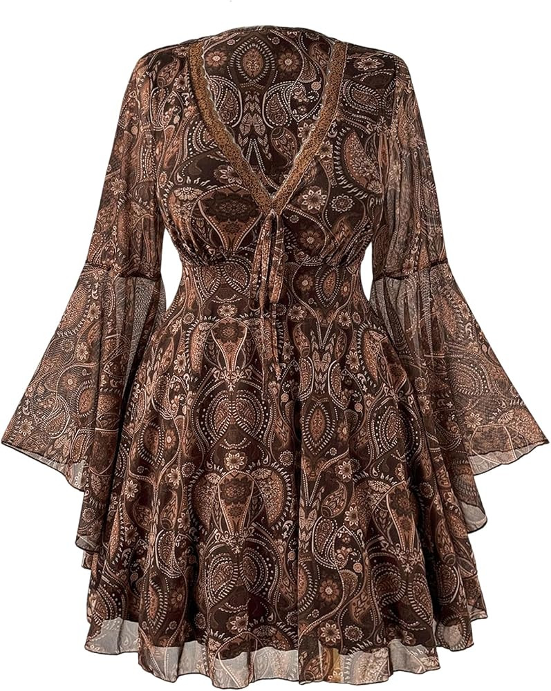 Women's Y2k Plus Size Hippie Vintage Boho Dress Leopard Bell Long Sleeve V Neck Bow Mesh Goth Min... | Amazon (US)