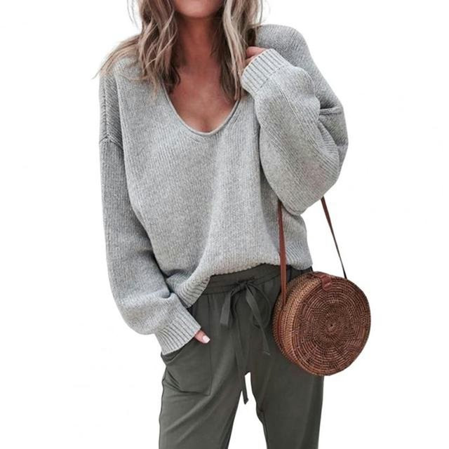 Classic Sweater Top Elastic Women Knitwear V Neck Cold Resistant Solid Color Loose Fit Pullover S... | Walmart (US)