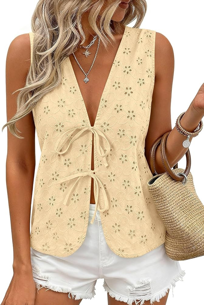 PRETTYGARDEN Women 2026 Summer Tie Front Eyelet Tank Tops Trendy Floral Vest Sleeveless V Neck Dr... | Amazon (US)